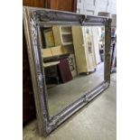 LARGE WALL MIRROR, 203cm W x 160cm H, 19th century and later silver painted with bevelled plate.