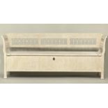 COUNTRY HOUSE HALL BENCH, 19th century Continental grey painted with rail back and hinged seat,