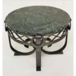 OCCASIONAL TABLE, Art Deco circular verde antico marble on scroll, lattice and ringlet wrought