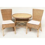 CONSERVATORY TABLE AND CHAIRS, a pair, rattan framed and cane panelled with seat cushions and an