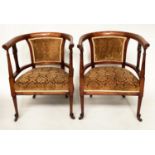 ARMCHAIRS, a pair, early 20th century fruitwood framed with arched back and upholstered seats,