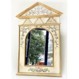 WALL MIRROR, architectural cornice cream and scroll painted with arched mirror plate, 86cm W x 127cm