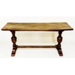 REFECTORY TABLE, antique English elm, the single planked top raised upon twin turned pillar