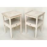 LAMP TABLES, a pair, French style traditionally grey painted each with gallery top and undertier