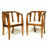 ARMCHAIRS, a pair Art Deco walnut with stylised splat back and champagne coloured woven seat pads.