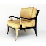 ARMCHAIR, 90cm H x 76cm W, Hollywood Regency style black lacquered and reeded giltwood sabre