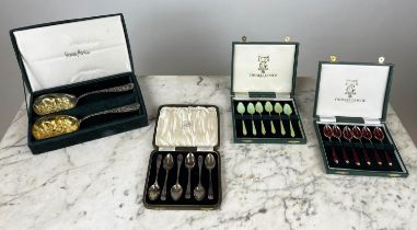 GODIN GER PARCEL GILT AND SILVER PLATED STRAWBERRY SPOONS, in box along with three sets of boxed tea