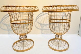 WIREWORK PEDESTAL URNS, 64cm H x 50cm diam. a pair, gilt metal. (2)