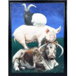 DEREK CARRUTHERS (British 1935-2021) 'Three Beasts', oil on canvas, 121cm x 91cm, framed. (Subject