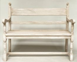 HALL BENCH, antique grey painted with scroll carved detail and turned supports, 118cm W x 32cm D x