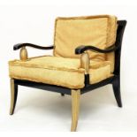 ARMCHAIR, 76cm W x 90cm H, Hollywood Regency style, black lacquered and reeded giltwood, sabre