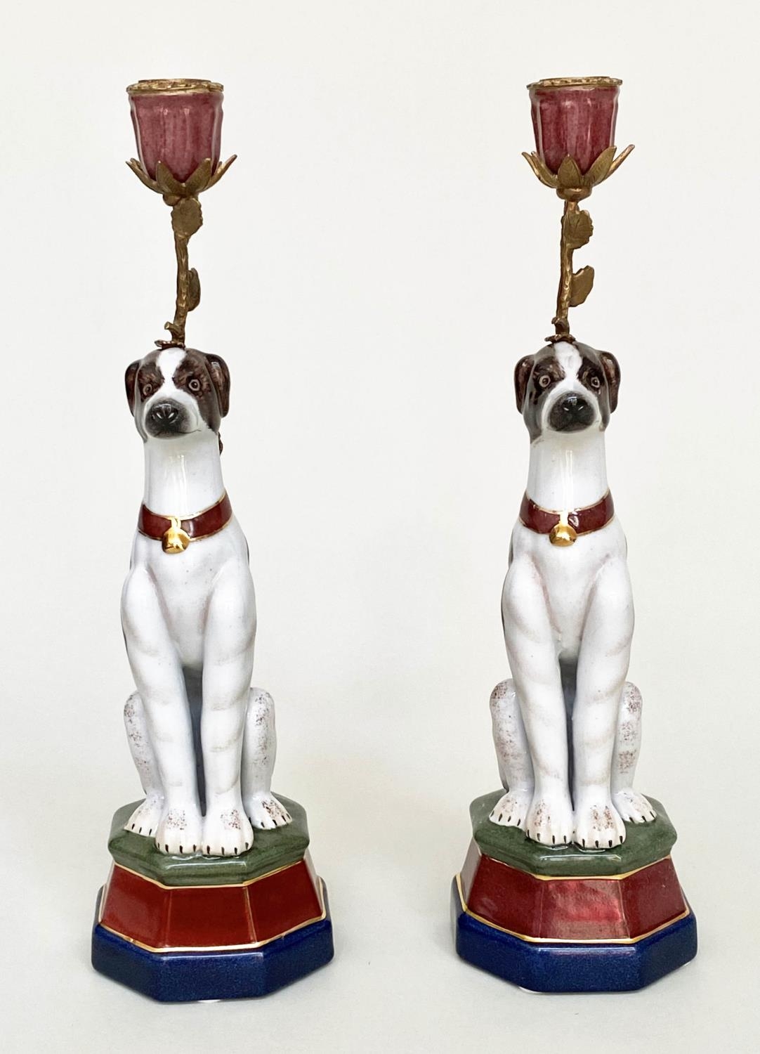 'DOG' CANDLESTICKS, a pair, Continental style painted porcelain and gilt metal mounted, 35cm H. (2) - Image 2 of 7