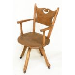 DESK CHAIR, English 1930s oak with pierced back and revolving solid elm seat, 54cm W.