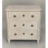 COMMODE, French Directoire style, grey painted with three long drawers with fluted angles and