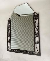 ART DECO WALL MIRROR, French bevelled tapering mirror within a wrought iron foliate and Vitruvian