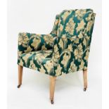 ARMCHAIR, 57cm W, Edwardian, with green and yellow gold foliate woven upholstery, on tapering