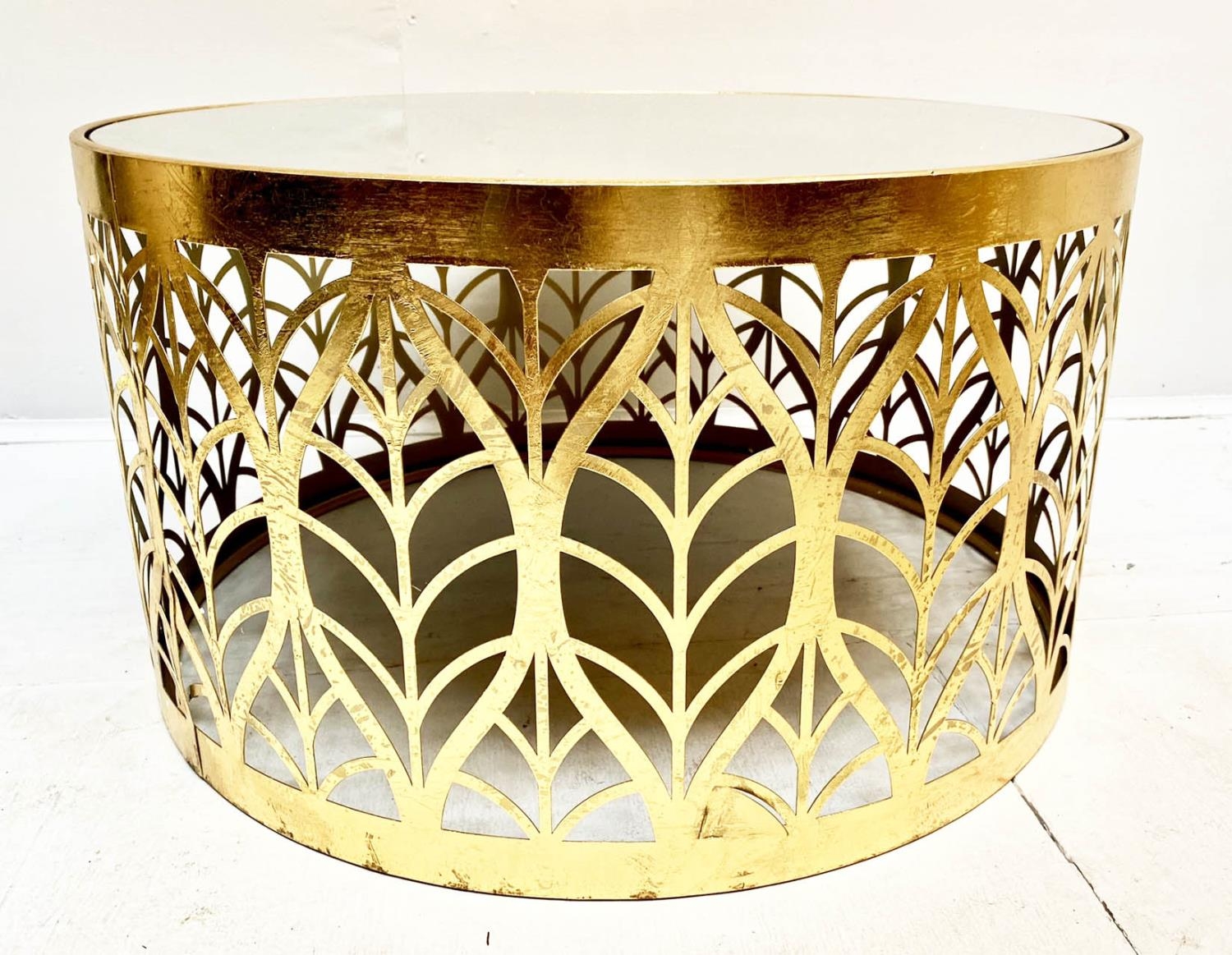 LOW TABLE, 40cm H x 74cm diam., 1970s Italian style, gilt metal, mirrored glass top, leaf pierced - Image 2 of 3