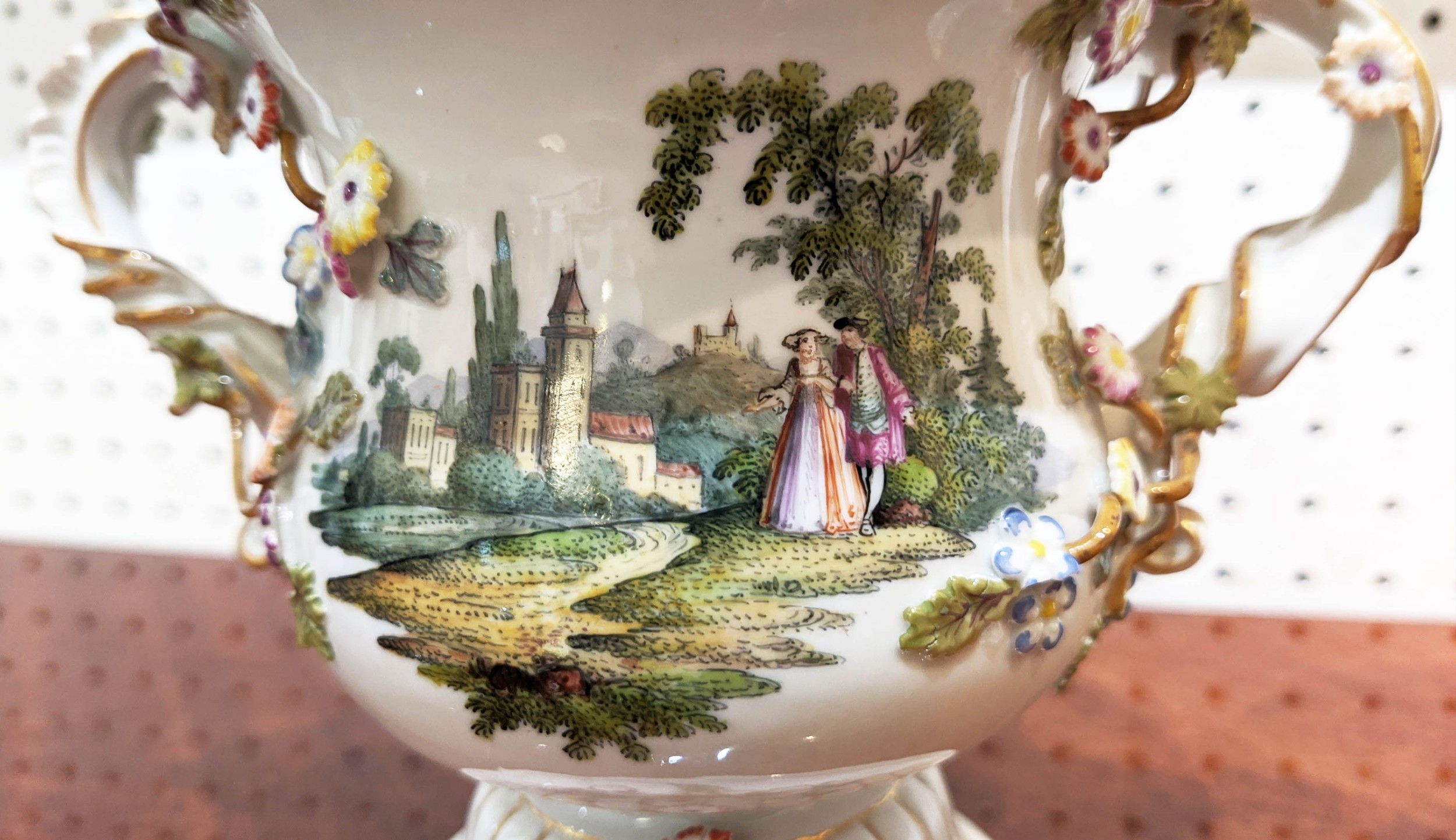 MEISSEN AUGUSTUS REX PORCELAIN URNS, a pair, 25cm H, Rococo style, foliate decorated with figural - Image 4 of 9