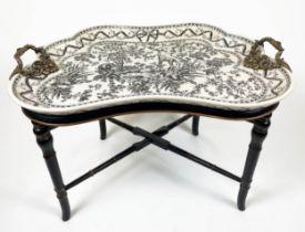TRAY ON STAND, ceramic shaped tray with bronze handles ornately decorated with floral jungle