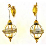 WALL HANGING CANDLE LANTERNS, a pair, on brackets, gilt metal and glass, regency style design,