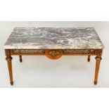 LOW TABLE, 1960s French rectangular variegated grey marble top and gilt metal mounted on pierced