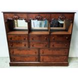 APOTHECARY CABINET, 39cm x 158cm W x 183cm H, Victoria mahogany with carved detail and named.