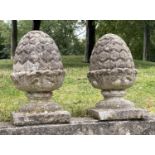 PINAPPLE FINIALS, a pair, 49cm H, well weathered, reconstituted stone, with square bases. (2)