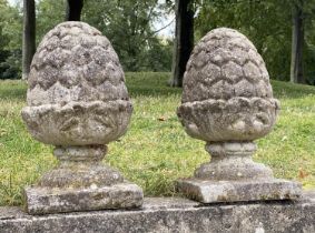 PINAPPLE FINIALS, a pair, 49cm H, well weathered, reconstituted stone, with square bases. (2)