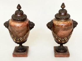 JASPER URNS, a pair, 19th century gilt bronze mounted with finials, fixed top covers and swags, 29cm