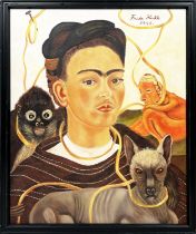 AFTER FRIDA KAHLO (Mexican 1907-1954) 'Self portrait with Small Monkey', oil on canvas, 75cm x 60cm,