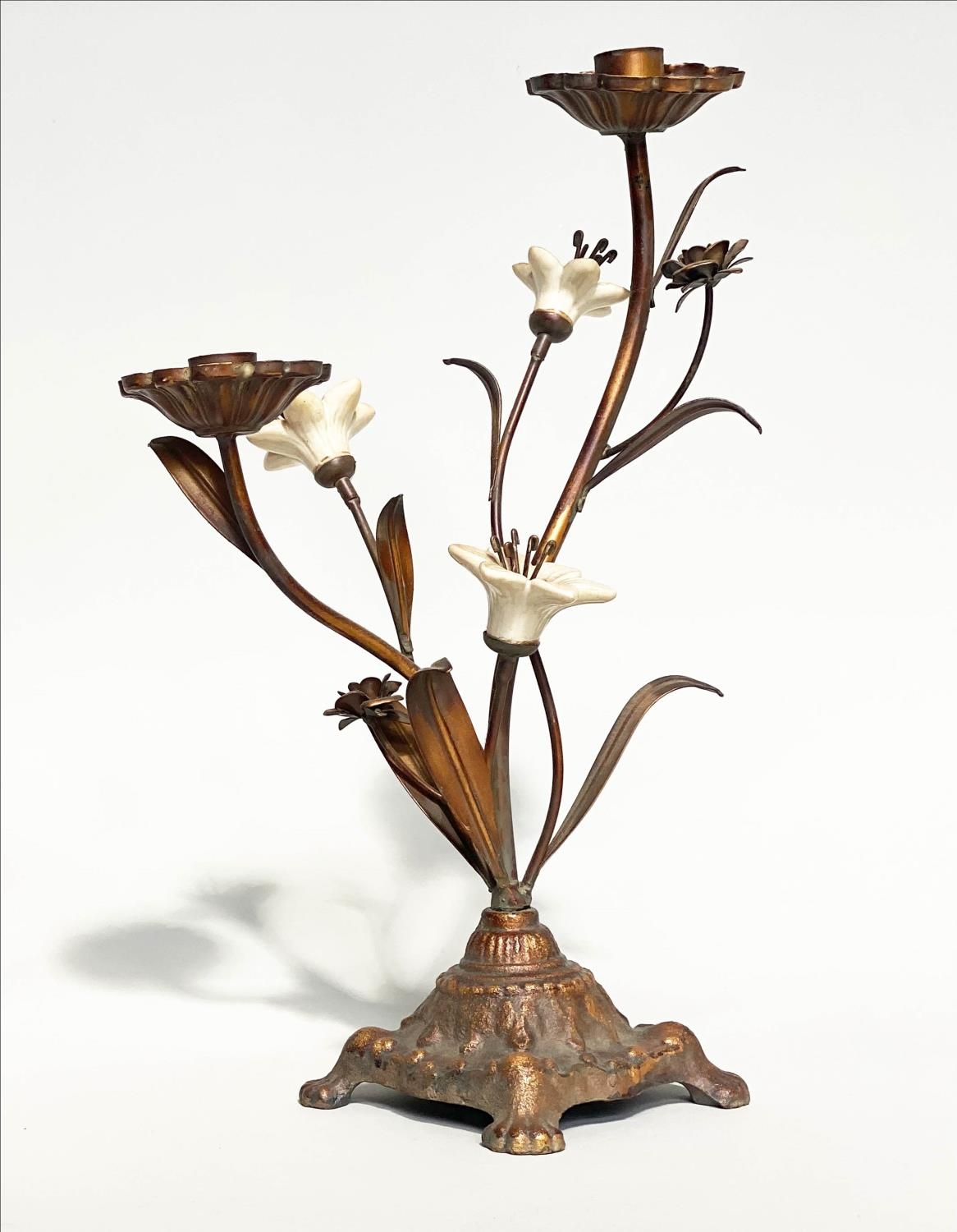 FLOWER CANDLESTICKS, a pair, Italian style cast bronzed metal with ceramic flower heads, 40cm H. (2) - Image 3 of 6
