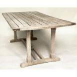 GARDEN TABLE, 184cm W x 97cm D x 72cm H, weathered teak and slatted, with bowed ends and stretchered