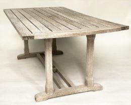 GARDEN TABLE, 184cm W x 97cm D x 72cm H, weathered teak and slatted, with bowed ends and stretchered