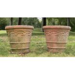 TERRACOTTA FLOWER POTS/PLANTERS, a pair, 57cm W x 50cm H, weathered terracotta, of traditional form,