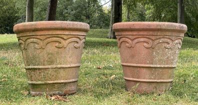 TERRACOTTA FLOWER POTS/PLANTERS, a pair, 57cm W x 50cm H, weathered terracotta, of traditional form,