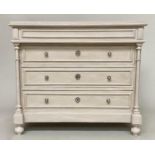 COMMODE, 19th century French Napoleon III traditionally grey painted, with four long drawers and