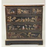 CHINOISERIE CHEST, 43cm D x 86cm W x 86cm H, George III style, gilt Chinoiserie decorated, with