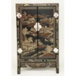 SIDE CABINET, 100cm H x 32cm D x 57cm W, Chinese black lacquered, gilt Chinoiserie decorated and