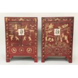 CHINESE SIDE CABINETS, a pair, 60cm W x 86cm H x 40cm D, early 20th century, scarlet lacquered and