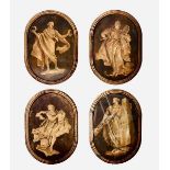 WALL PLAQUES, set of four, depicting Greek gods, wooden construction with glazed relief, 57cm x 40cm