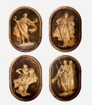 WALL PLAQUES, set of four, depicting Greek gods, wooden construction with glazed relief, 57cm x 40cm