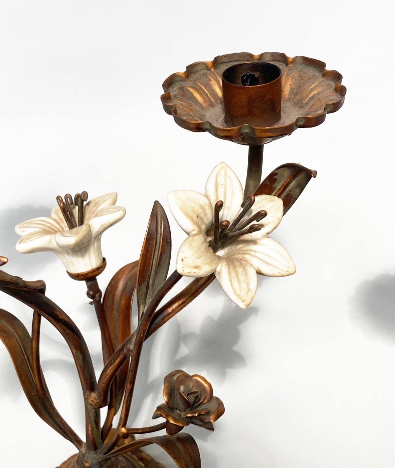 FLOWER CANDLESTICKS, a pair, Italian style cast bronzed metal with ceramic flower heads, 40cm H. (2) - Image 2 of 6