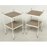 ETAGERES/LAMP TABLES, a pair, mid 20th century painted and silvered metal mounted each with two