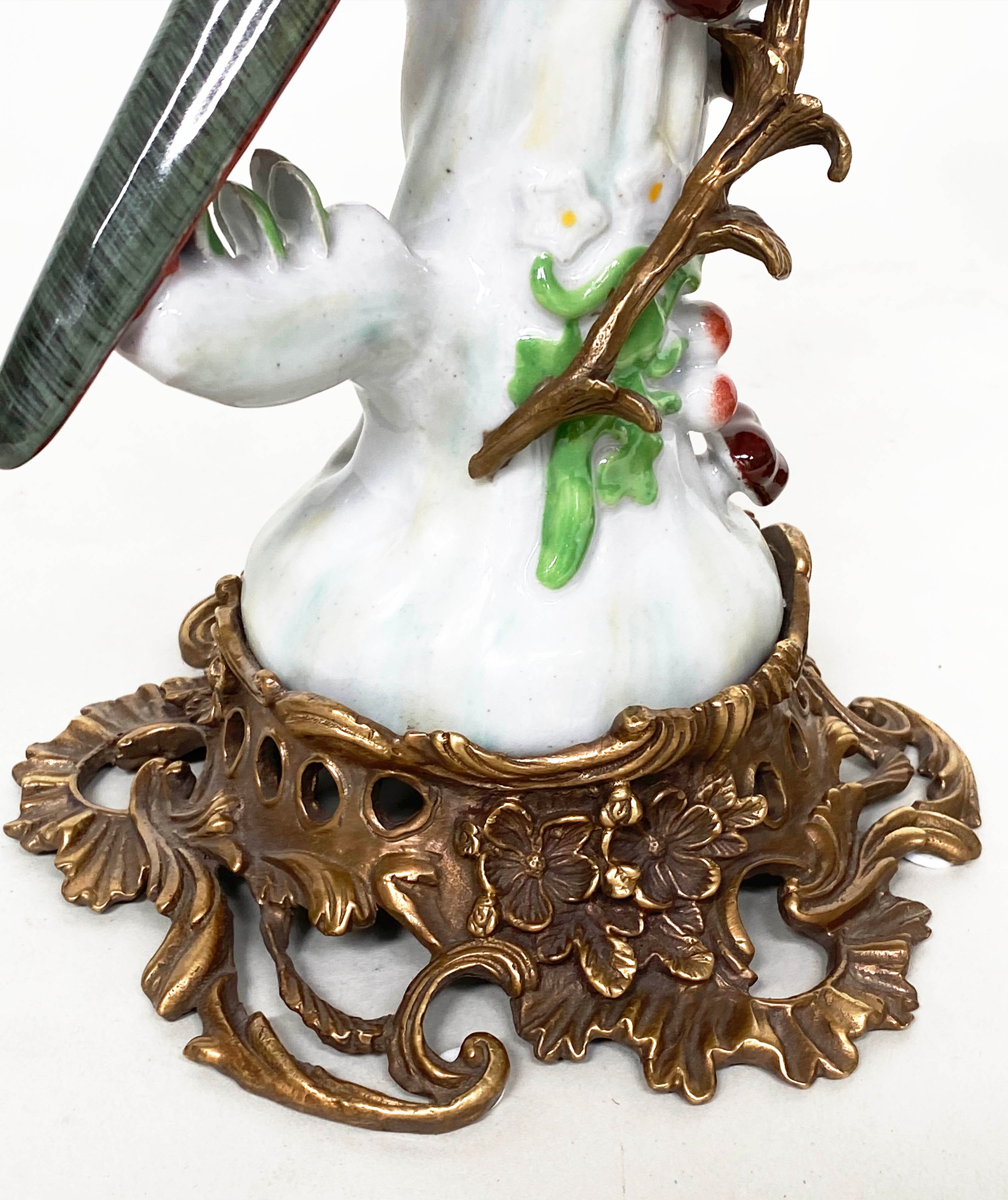 PARROTT CANDLESTICKS, a pair, 36cm H, Continental style, painted porcelain, with gilt metal - Image 8 of 9
