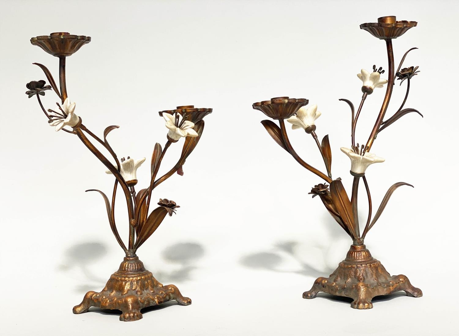FLOWER CANDLESTICKS, a pair, Italian style cast bronzed metal with ceramic flower heads, 40cm H. (2) - Image 4 of 6