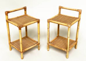 BAMBOO LAMP TABLES, a pair, bamboo framed each with two wicker panelled shelves, 64cm H x 36cm W x