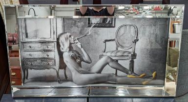 CONTEMPORRARY SCHOOL PHOTOPRINT, 116cm x 66cm, Lounging Lady with Cigar, framed.