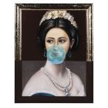 PORTRAIT OF A REGENCY LADY, blowing bubble gum, 92cm x 72cm, framed.