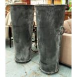 TALL PLANTERS, a pair, 119cm x 53cm diam. each, aged metal, with ring handle detail and ball