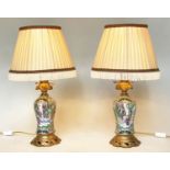 TABLE LAMPS, a pair, 67cm H, Cantonese hand painted porcelain, baluster form, ormolu mounts and silk